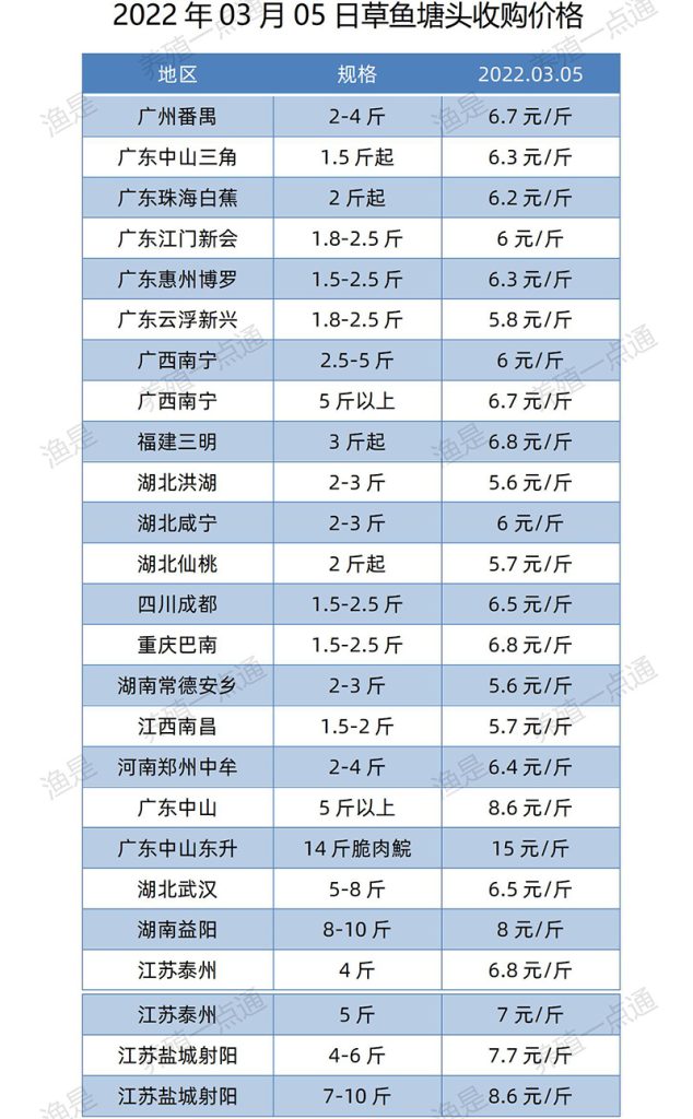 【渔是特约】2022.03.05，罗非鱼、斑叉、黄颡、加州鲈、花鲢、鳊鱼、草鱼、鲫鱼、鲤鱼、黑鱼、海鲈、鳜鱼，塘头收购价