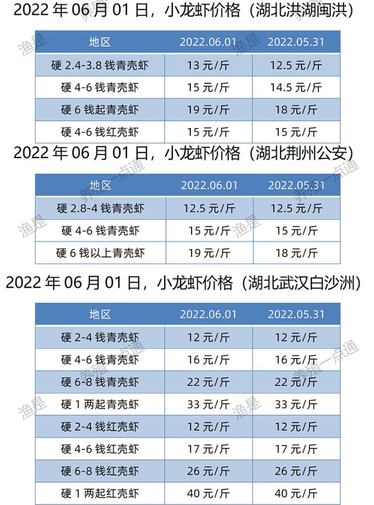 【渔是畅菌宝】2022.06.01，小龙虾价格（湖北、湖南、江苏、安徽、山东、广东）