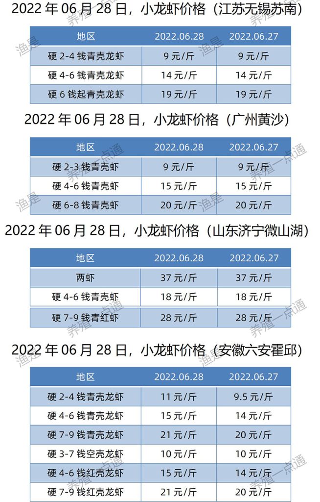 2022.06.27，小龙虾价格（江苏、安徽、山东、广东）