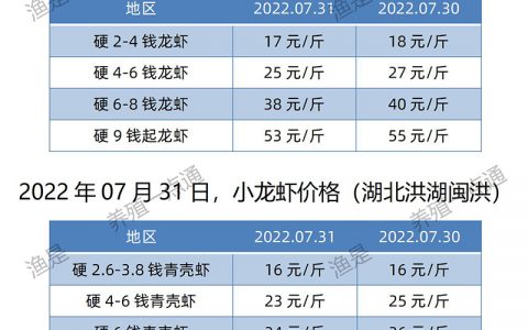 【渔是畅菌宝】2022.07.31，小龙虾价格（湖北、湖南、江苏、安徽、山东、广东）