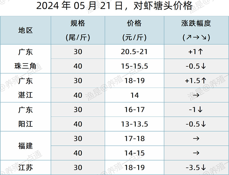 【渔是特约】2024.05.21，对虾、罗氏沼虾、鳜鱼、生鱼、加州鲈、黄颡鱼、江团塘头价格