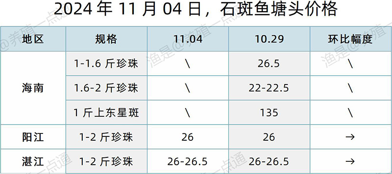 【渔是特约】2024.11.04，草鱼、鳜鱼、黄颡鱼、斑点叉尾鮰、石斑鱼塘头价格