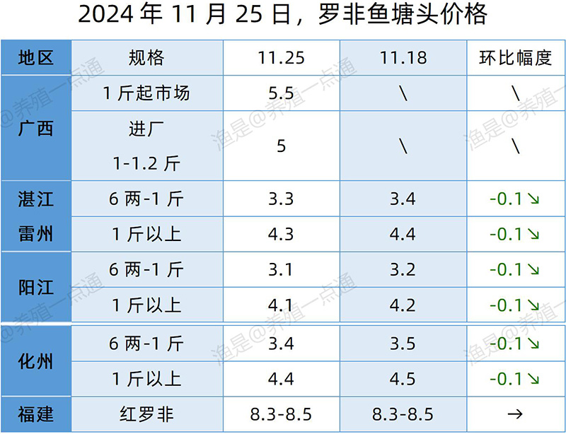 【渔是特约】2024.11.25，草鱼、罗非鱼、加州鲈、斑点叉尾鮰、牛蛙、泰蛙、黑斑塘头价格