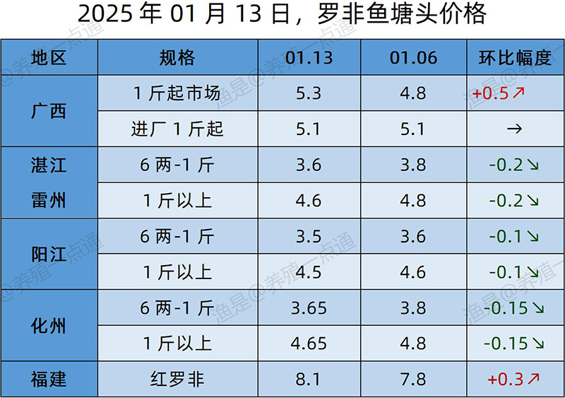 【渔是特约】2025.01.13，草鱼、黄颡鱼、罗非鱼、斑点叉尾鮰塘头价格